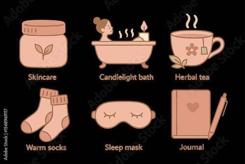 Self-care essentials: skincare, candlelight bath, herbal tea, warm socks, sleep mask, journal