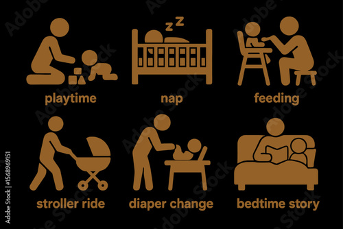 Infant care icons: playtime, nap, feeding, stroller, diaper change, bedtime story