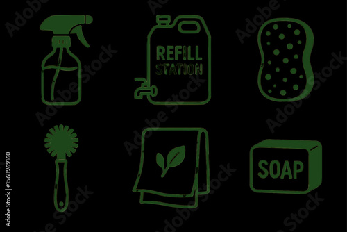 Eco-friendly cleaning supplies icons featuring spray bottle, refill station, sponge, brush, cloth, and soap