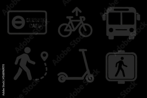 Urban transportation icons: subway, bicycle, bus, pedestrian, scooter, crosswalk
