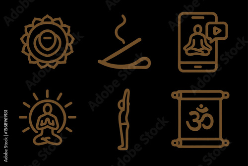 Yoga, meditation, and wellness icons collection on black background