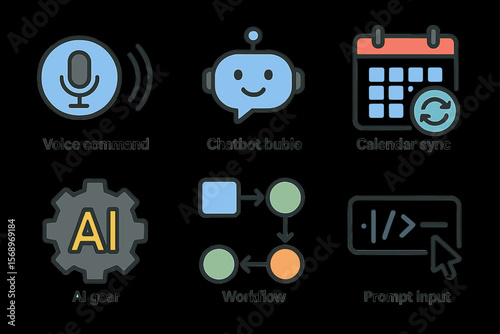 Ai icon set: voice command, chatbot, calendar sync, ai gear, workflow, prompt input