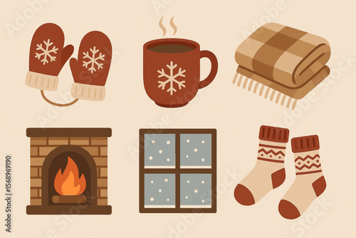 Cozy winter icons with mittens, coffee, blanket, fireplace, window, and socks