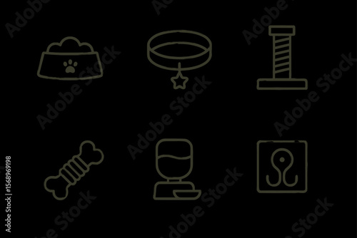 Set of minimalist pet icons: dog bowl, collar, scratching post, bone, automatic feeder, aquarium