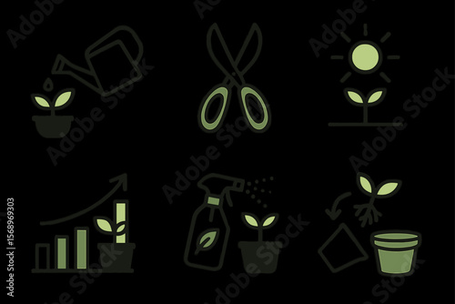 Gardening icons set illustrating plant care steps with tools and growth stages