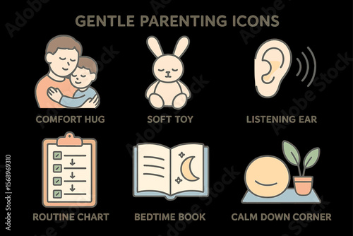Gentle parenting icons: comfort hug, soft toy, listening ear, routine chart, bedtime book, calm corner