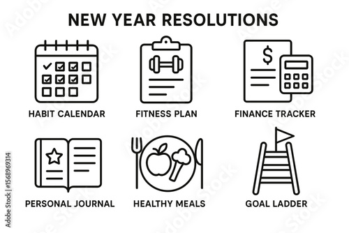 New year resolutions icons: habit calendar, fitness plan, finance tracker, personal journal, healthy meals, goal ladder