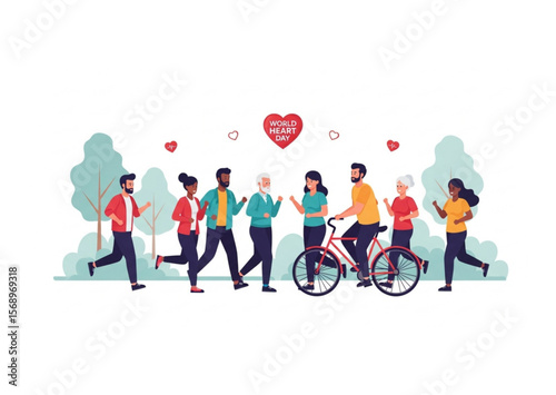 Group of diverse people exercising in a park, running and riding a bicycle, with hearts above.