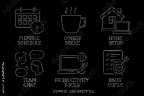 Remote job lifestyle icons illustrating flexible schedule and productivity tools