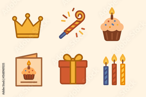 Colorful birthday icons displaying cupcake, candles, gift, crown, card, and party blower