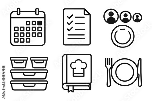 Meal planning icons: calendar, checklist, meal containers, cookbook, dining set