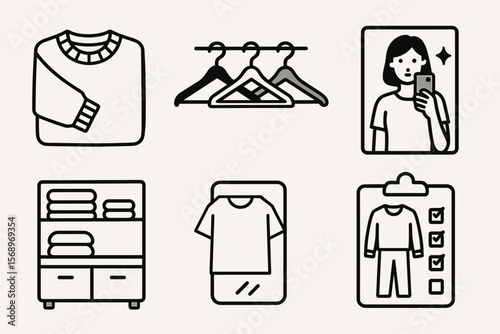 Fashion and organization icons: clothes, hangers, mirror, and closet symbols