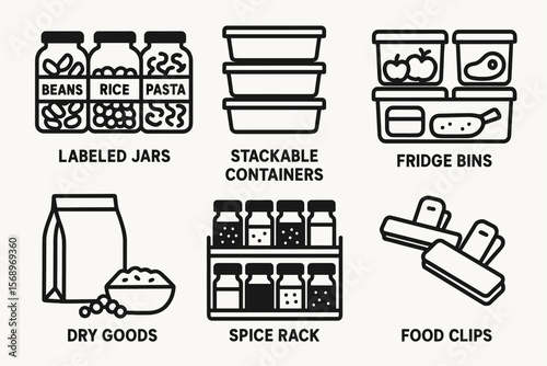 Kitchen organization essentials: labeled jars, stackable containers, fridge bins, spice rack