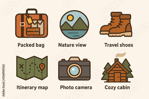 Adventure essentials: packed bag, nature view, travel shoes, itinerary map, camera, cozy cabin