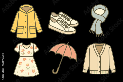 Colorful clothing and accessories set: jacket, shoes, scarf, dress, umbrella, sweater