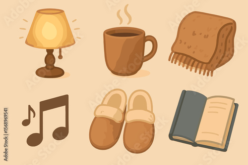 Cozy home essentials: lamp, coffee, blanket, music note, slippers, open book