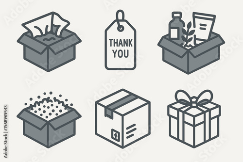 Icon set of gift, shipping, and thank you boxes with minimalist design