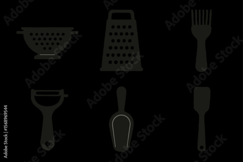 Silhouette of kitchen utensils: grater, colander, peeler, scoop, brush, spatula