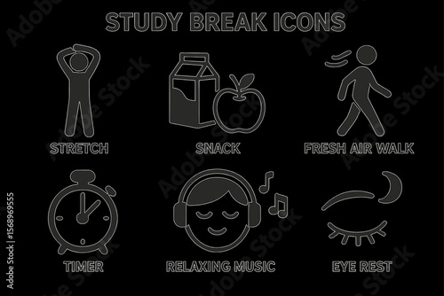 Study break icons for relaxation: stretch, snack, fresh air, timer, music, eye rest