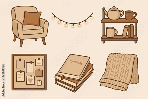 Cozy home essentials with armchair, tea set, journal, and blanket