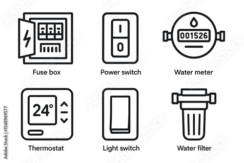 Household utilities icons: fuse box, power switch, water meter, thermostat, light switch, water filter