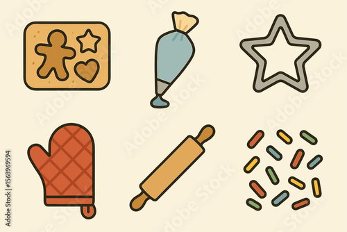 Baking essentials: cookie cutters, pastry bag, oven mitt, rolling pin, sprinkles