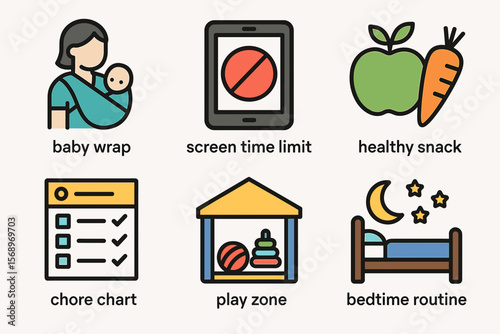 Illustrated guide to parenting: baby wrap, screen time, healthy snacks, chore chart, play zone, bedtime