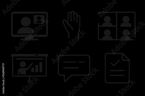 Video conference icons set: screens, charts, messages, hands, documents