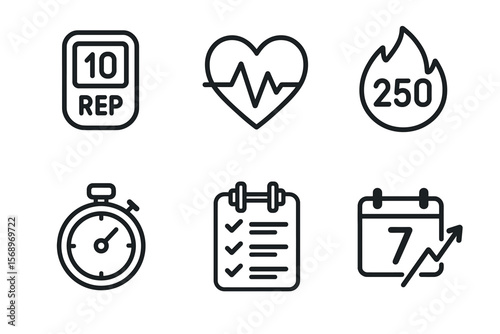 Fitness icons: reps, heart rate, calories, stopwatch, checklist, progress calendar