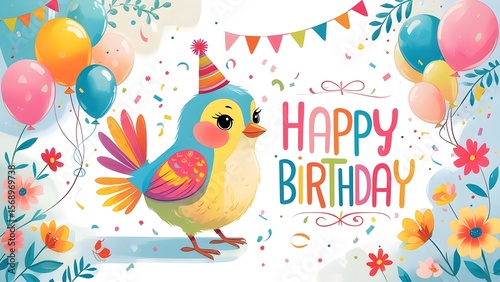 Happy Birthday greeting card illustration with a cute bird
