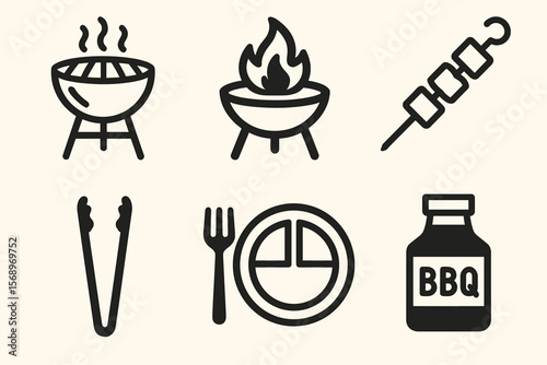 Bbq icons: grills, skewers, tongs, fork, plate, bbq sauce bottle