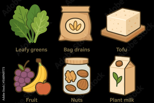 Healthy plant-based foods: leafy greens, tofu, nuts, plant milk, fruit, bagged grains
