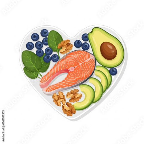 Heart-shaped plate filled with healthy foods like salmon, avocado, blueberries, spinach, and walnuts.