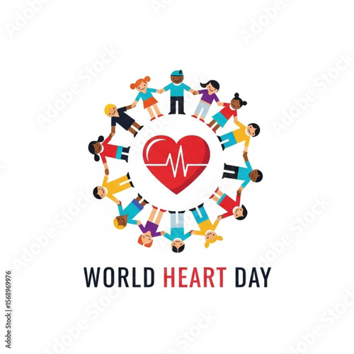 Diverse children holding hands around a red heart, promoting World Heart Day.