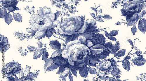 Elegant French blue and white floral toile pattern featuring intricate blooming roses, peonies, and daisies with delicate foliage on crisp white background, embodying timeless cottagecore charm