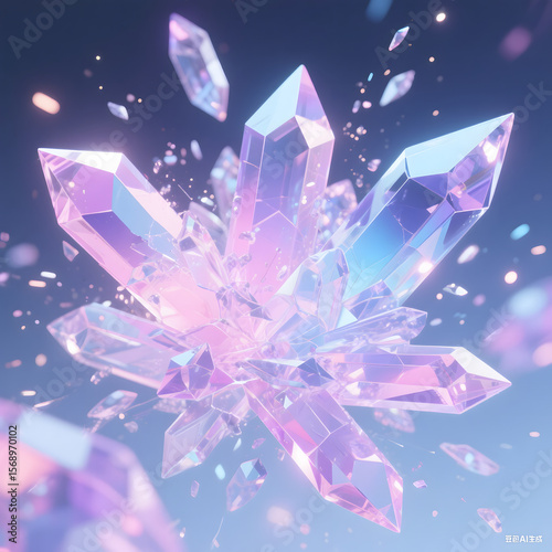 3D Rendered Crystals with Sparkling Effects in Purple and Blue Hues