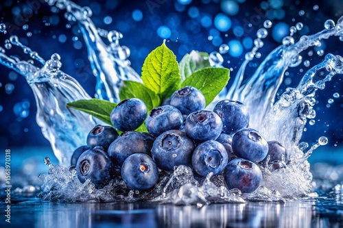 A bunch of blueberries are floating in a splash of water