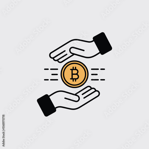 Minimalist vector icon depicting two black hands gently transferring a gold Bitcoin cryptocurrency coin with motion lines suggesting swift movement against a light gray background