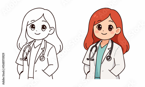 Cute doctor character coloring page for kids