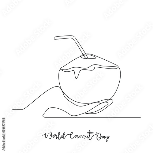 One continuous line drawing of World Coconut Day vector illustration. World Coconut Day themes design concept in simple linear continuous line. Great coconut design for campaign and business purpose.