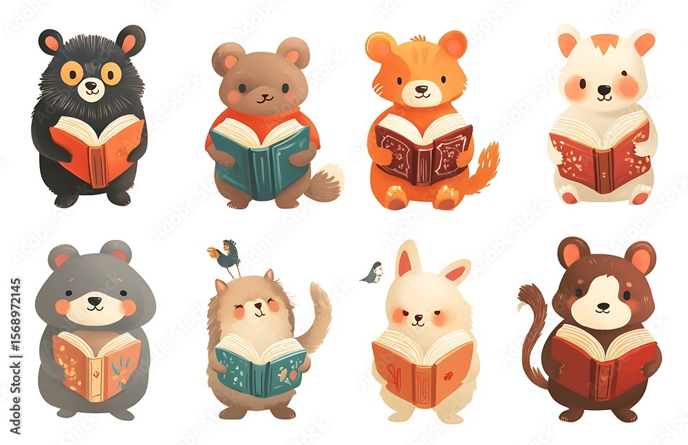Fototapeta premium Cute cartoon animal characters reading books, a clip art set isolated on a white background