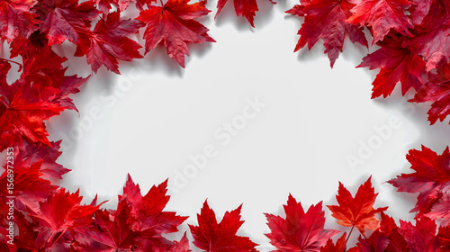 Red maple leaves frame a white background with copy space