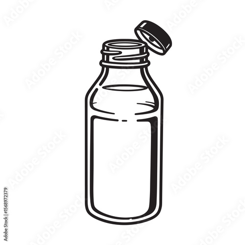 A simple black and white illustration of an open bottle of liquid medicine or syrup