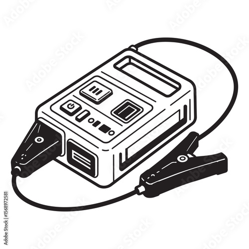 A detailed black and white vector illustration of a digital automotive electrical tester