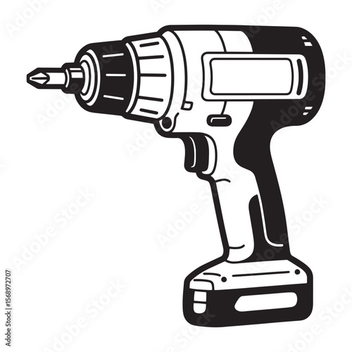 Black and white cordless drill tool vector illustration suitable for construction and repair