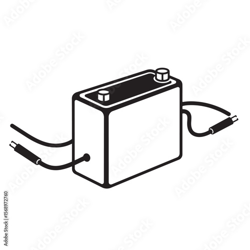 Black and white illustrated vector image of a simple electronic component with wires