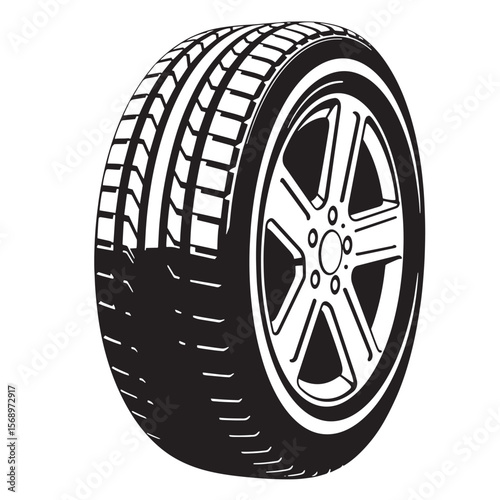 Black and white illustration of a modern car tire isolated on white background