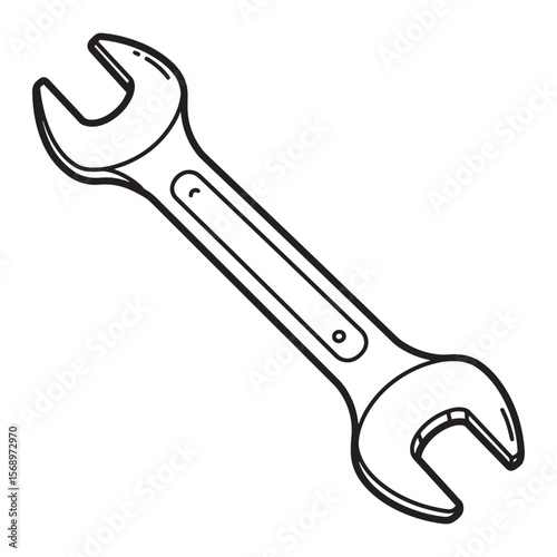 Black and white illustration of a simple open ended wrench tool for repairing purposes
