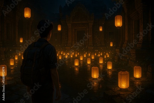 Young Man Observing Lanterns at Night in Ancient Temple