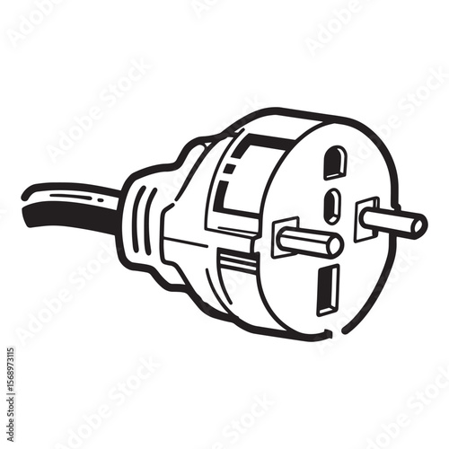 Black and white illustration of a three pronged electrical plug with round pins